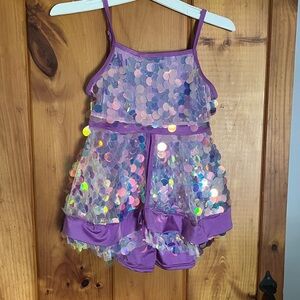 Purple Dance Costume with Ruffled Layers and Shimmer
